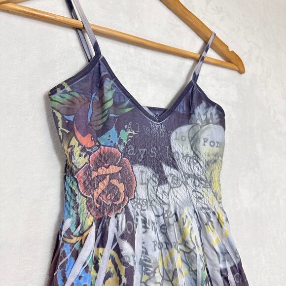 Y2K‎ Feathers Medium Blue Mini Dress Smocked Graffiti Grunge Tattoo Retro Cute - Picture 2 of 8